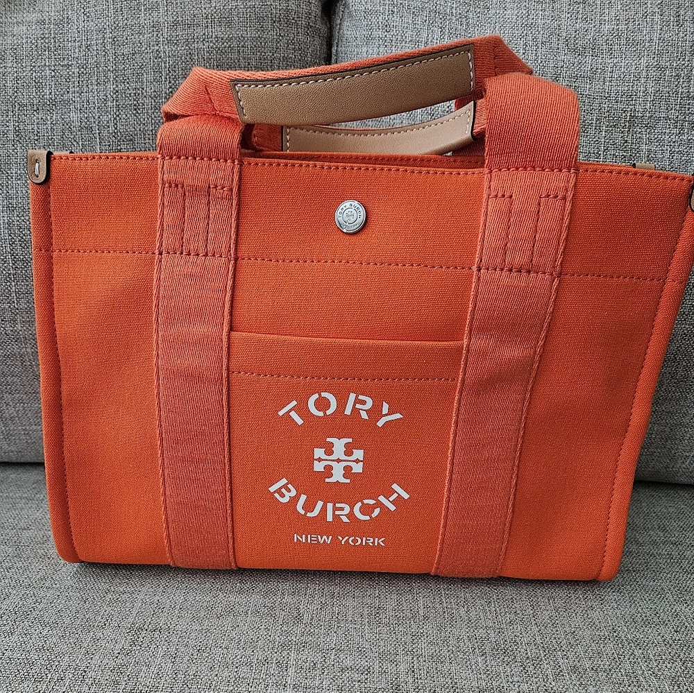 Tory Burch Vibrant Orange Canvas And Leather Tote. New Without Tags.